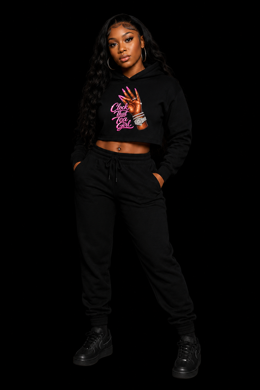 NEW! Women's Urban Wear Clock That Tea Girl Premium Crop Top Hoodie